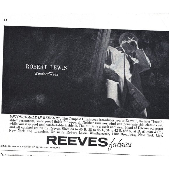 Reeves Robert Lewis Weather Wear Raincoat Dacron 1960s Vintage Print Ad - Picture 2 of 2